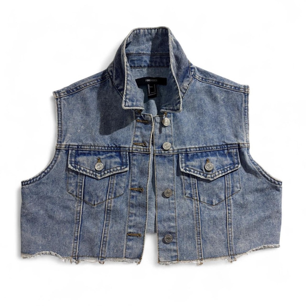 Forever 21 Womens Blue Denim Vest Cropped Frayed Hem Y2K Size S - Picture 2 of 4
